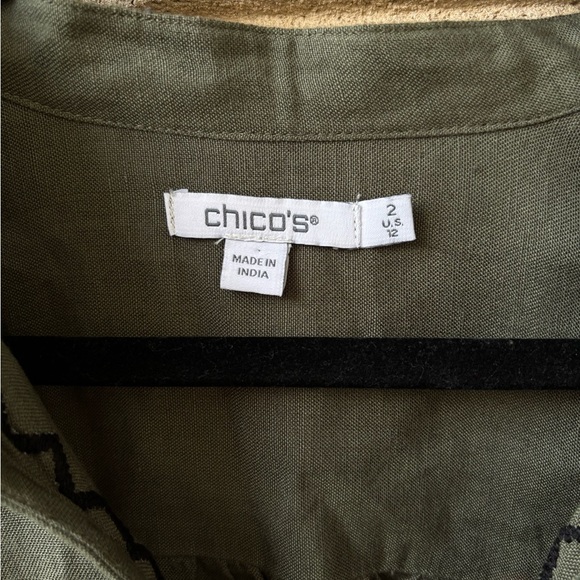 Chico’s size 2  Linen Blouse Boho puffy sleeves L 12 Women’s beaded Green boho - Picture 8 of 11